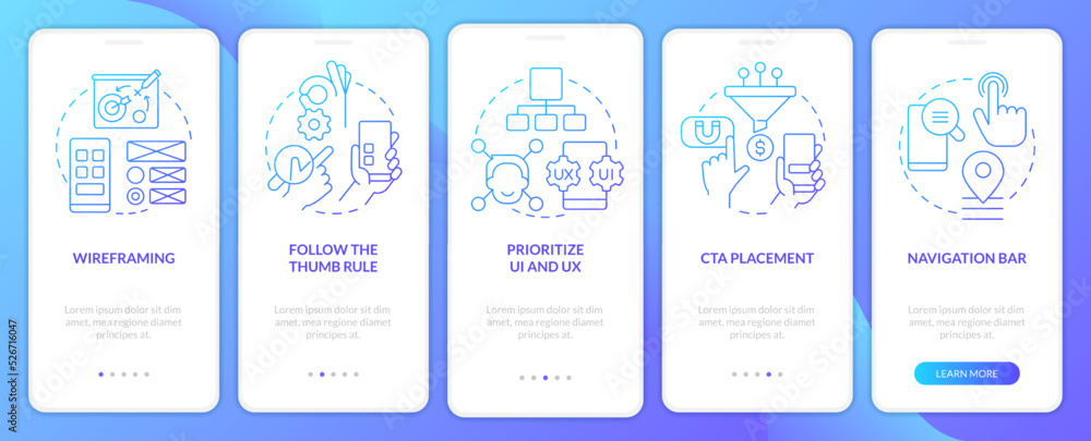 Poster mobile website development blue gradient onboarding mobile app screen. walkthrough 5 steps graphic i