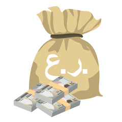 Rial Omani Vector Illustration. Oman money set bundle banknotes. Money bag 10 OMR. Flat style. Isolated on white background. Simple minimal design.