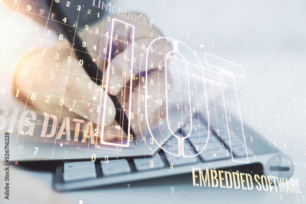 Poster double exposure of creative iot hologram with hand writing in notebook on background with laptop, re