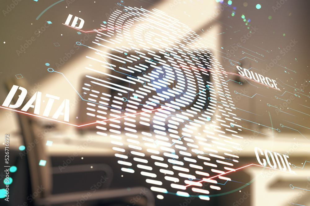 Poster Abstract creative fingerprint concept and modern desktop with computer on background. Multiexposure