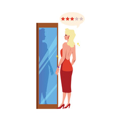 Blonde woman in showy red dress and in heels evaluates reflection in mirror flat style