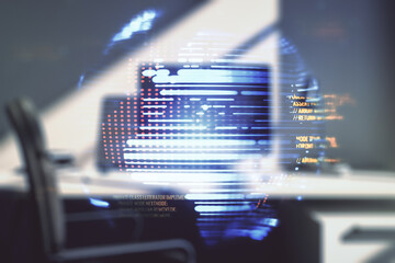 Double exposure of abstract programming language with world map and modern desktop with laptop on...