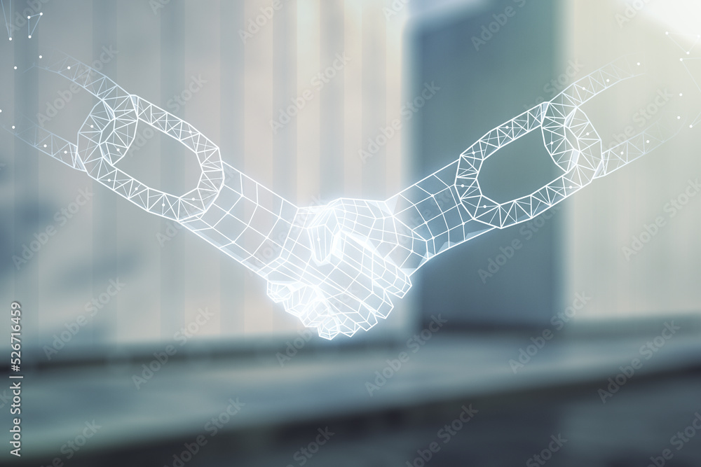 Poster abstract virtual blockchain technology hologram with handshake on blurry modern office building back