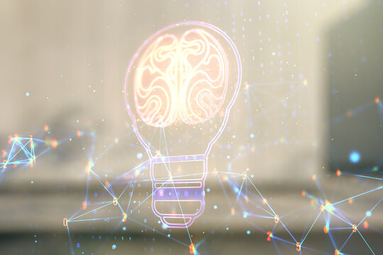 Double exposure of abstract virtual creative light bulb hologram with human brain on modern business center exterior background, idea and brainstorming concept