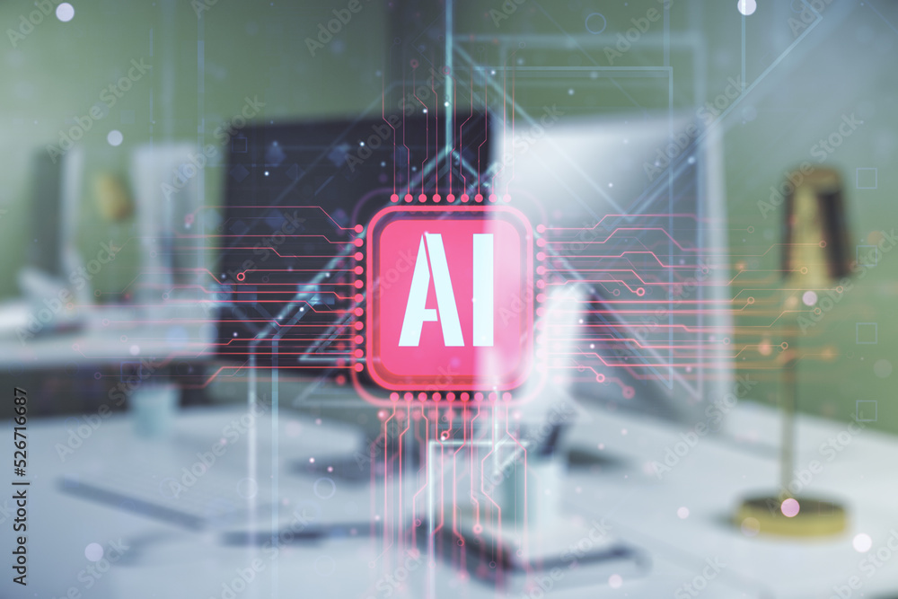 Aufkleber creative artificial intelligence symbol concept with modern computer on background. double exposure