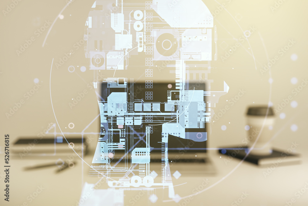 Aufkleber double exposure of creative human head microcircuit with computer on background. future technology a