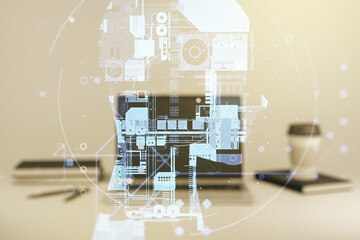 Double exposure of creative human head microcircuit with computer on background. Future technology and AI concept