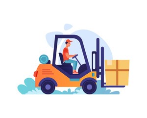 Deliveryman on cargo loader loading parcel box for shipping and distribution. Courier on shipment service, transportation and logistic of parcels. Vector flat cartoon illustration