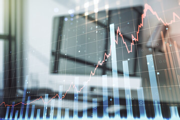 Double exposure of abstract creative financial diagram on modern laptop background, banking and accounting concept