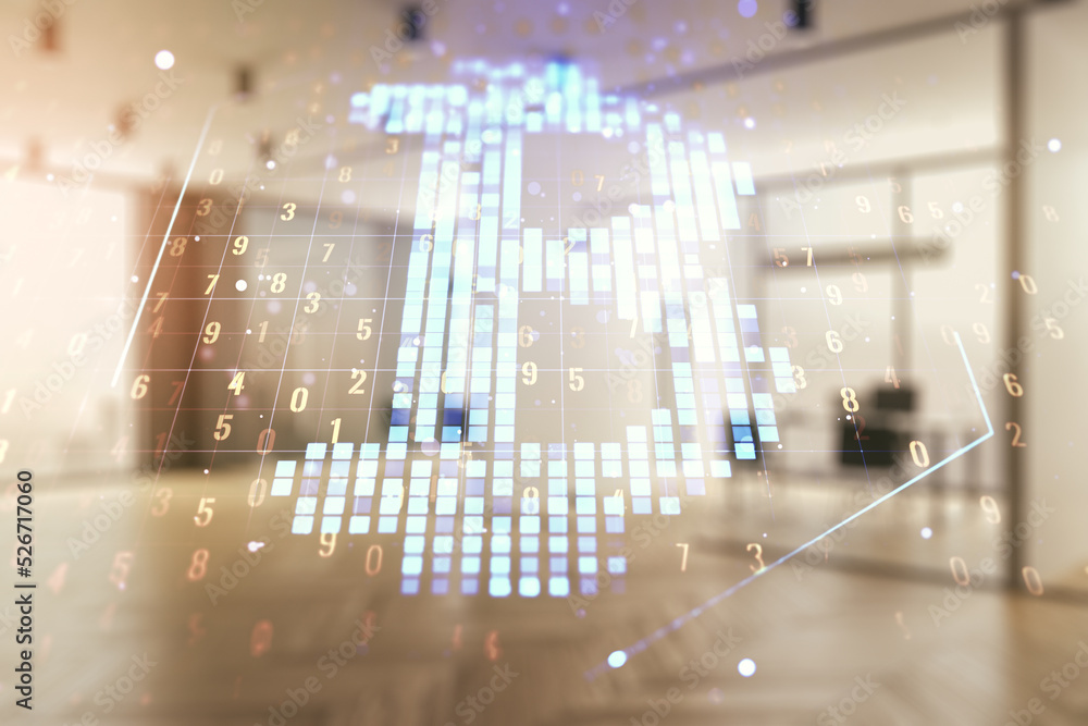 Poster Virtual Bitcoin sketch on a modern furnished classroom background. Double exposure