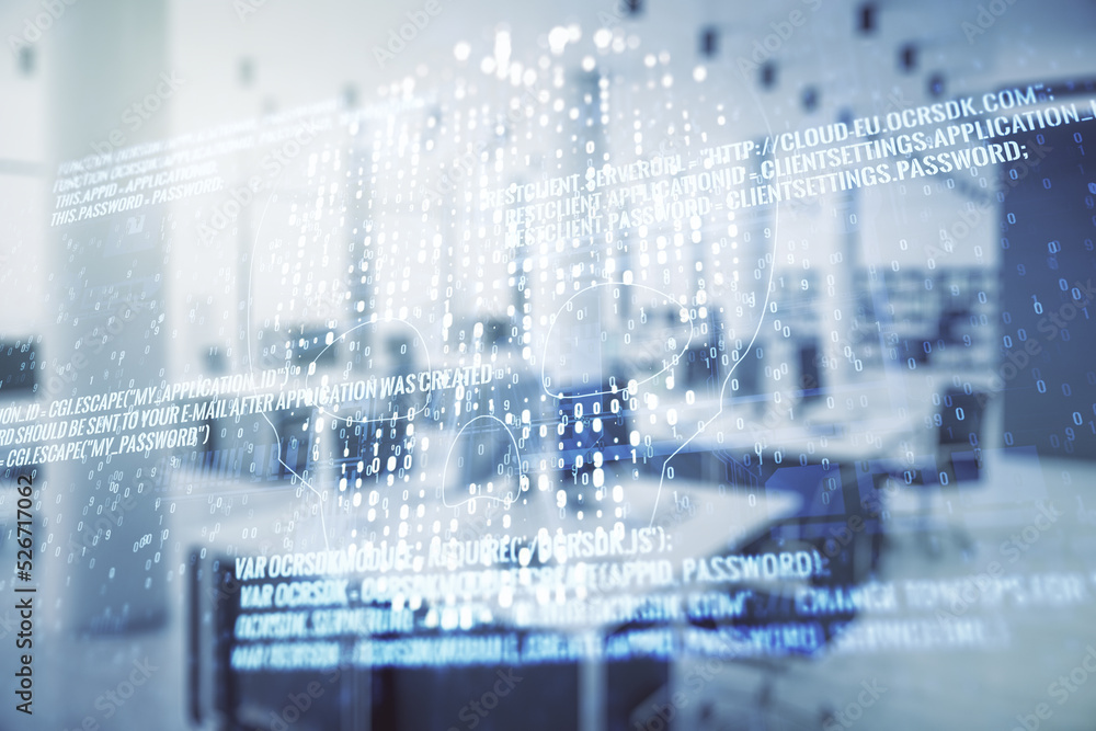 Poster abstract virtual code skull hologram on a modern furnished classroom background, cybercrime and hack