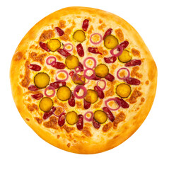 Pizza for your menu, pizza mockup, isolated pizza, pizza with sausages and pickles