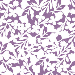 White silhouettes of flowers on light purple background. Floral  Seamless pattern with overlapping flower shape.