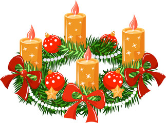 Christmas wreath of fir twigs with candles. © svetlana