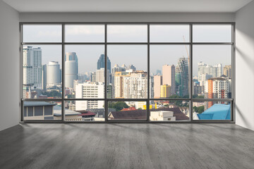 Fototapeta na wymiar Downtown Kuala Lumpur City Skyline Buildings from High Rise Window. Beautiful Expensive Real Estate overlooking. Empty room Interior Skyscrapers View Malaysia. Day time. 3d rendering.