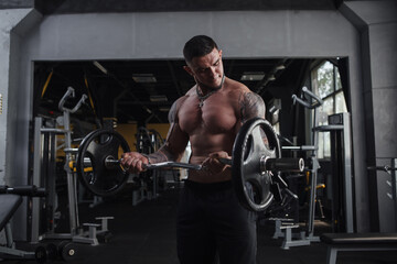 Fototapeta na wymiar Shirtless tattooed ripped bodybuilder lifting barbell, doing biceps exercise
