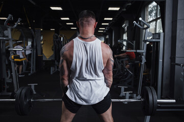 Fototapeta na wymiar Rear view shot of a big muscular sportsman standing with heavy barbell, doing deadlift exercise facing gym