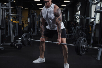 Fototapeta na wymiar Cropped shot of a big muscular tattooed sportsman doing barbell deadlift exercise