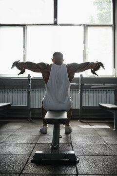 Vertical rear view shot of a muscular sportsman working out with dumbbells in front of gym window