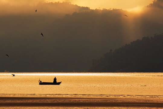 Vista para a baia de Paraty ao nascer do sol, silhoueta de pescadores e passaros com o amanhecer dourado