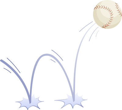 Bouncing baseball game ball with trajectory jumps on the ground. Bascketball accessories. Bounce ball. Sport playing equipment. Baseball game symbol. Flat vector isolated design element
