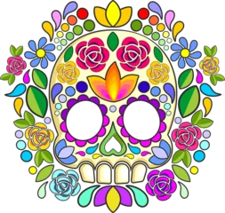 Papier Peint photo Lavable Dessiner Crâne de sucre Art floral Crânes mexicains Jour des morts Symbole élément isolé -