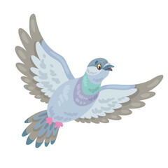 Gray dove is flying. In cartoon style. Isolated on white background. Vector flat illustration.