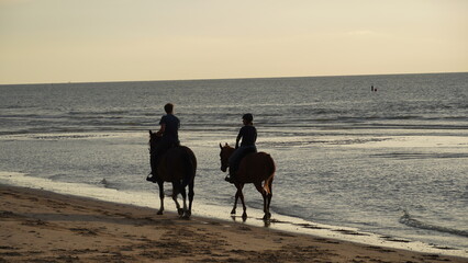 Zwei Reiter reiten am Strand in den dramatischen Sonnenuntergang