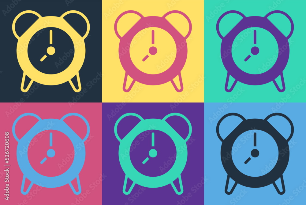 Poster pop art alarm clock icon isolated on color background. wake up, get up concept. time sign. vector