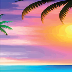 Plakat miami beach with palm trees at sunset .Tropical landscape with sunny sky, palm trees on the beach. silhouette of palm trees on the sunset beach