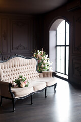 Black room interior with a vintage sofa, chandelier, mirror and fireplace decorated with flowers