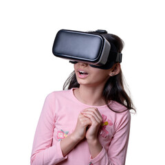 VR glasses , little girl with virtual reality headset. Innovation technology and education concept. Funny girl using a virtual reality headset isolated on white background