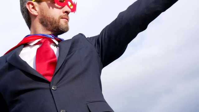 business success of successful man in hero mask on sky backdrop, agile business