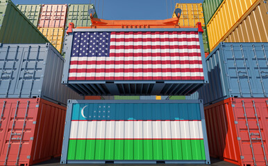 Cargo containers with USA and Uzbekistan national flags. 3D Rendering
