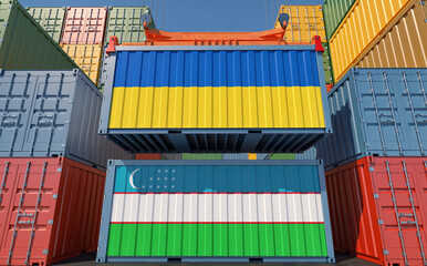 Cargo containers with Uzbekistan and Ukraine national flags. 3D Rendering