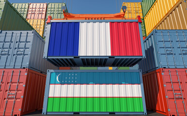 Cargo containers with Uzbekistan and France national flags. 3D Rendering