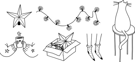 Doodle set of festive New Year objects. Vector illustration of Christmas elements. Isolated sketches of Christmas decorations, garland. Cozy socks, hot tea in hands on a white background.