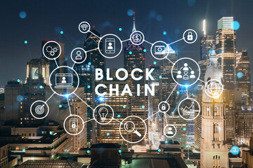 Fototapeta premium Aerial panoramic cityscape of Philadelphia financial downtown at summer night time, Pennsylvania, USA. Decentralized economy. Blockchain, cryptocurrency and cryptography concept, hologram