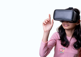 VR glasses , little girl with virtual reality headset. Innovation technology and education concept. Funny girl using a virtual reality headset isolated on white background