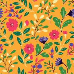 Seamless floral pattern with a bright summer meadow, large wild plants on a yellow background. Botanical print with decorative art plants, flowers on branches, herbs, leaves. Vector illustration.