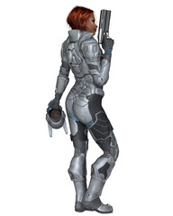 Future Soldier, Black Female with Red Hair, Back View, 3d digitally rendered science fiction illustration