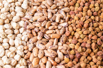 chickpeas (black chana), kidney bean (raj Maha) and white chickpeas (kabuli chana) set close up view