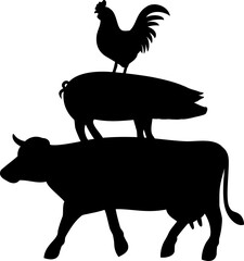 Farm animals silhouettes (cow, rooster and pig) png illustration