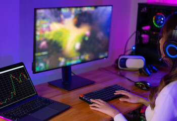 Woman playing online video game and trading on price chart digital stock exchange. broadcast streaming live at home. Gamer and E-Sport online gaming technology Championship tournament gamer concept.