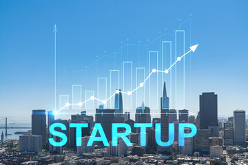 Obraz premium San Francisco skyline from Coit Tower to Financial District and residential neighborhoods, California, US. Startup company, launch project to seek and develop scalable business model, hologram