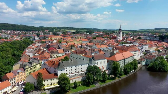 Medieval Town Pisek and historic stone bridge over river Otava in the Southern Bohemia, Czech Republic. Pisek Stone Bridge, the oldest preserved early Gothic bridge in the Czech republic.
