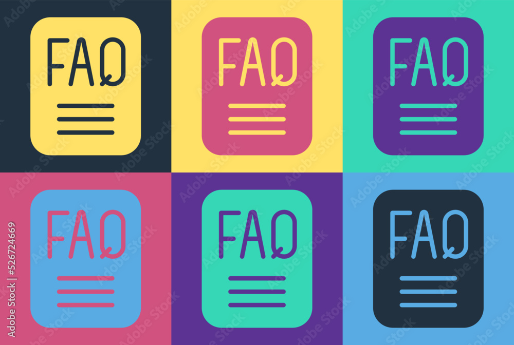 Aufkleber pop art speech bubble with text faq information icon isolated on color background. circle button wit
