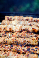 Delicious meat skewers on brazier during picnic