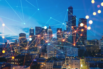 Illuminated aerial cityscape of Seattle, downtown at night time, Washington, USA. Social media hologram. Concept of networking and establishing new people connections