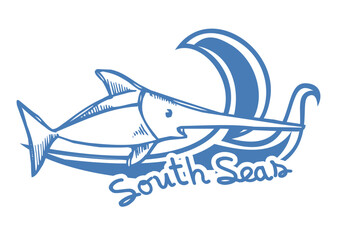 blue marlin in south sea vector illustration for mens, boys, kids t shirt print